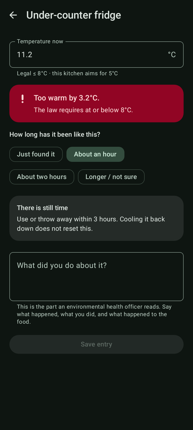 The app's reading screen in dark mode: 11.2°C entered for the under-counter fridge, a red panel reading 'Too warm by 3.2°C — the law requires at or below 8°C', and a field asking what was done about it.