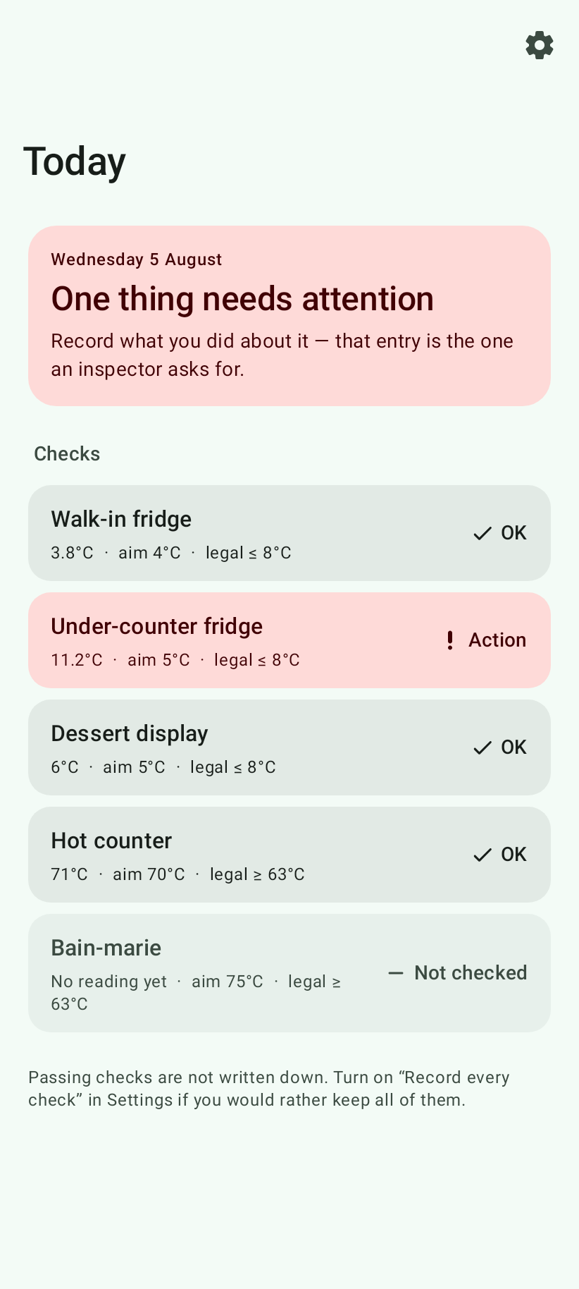 The app's Today screen: a red panel reading 'One thing needs attention', then a list of five appliances with their readings — the under-counter fridge at 11.2°C marked 'Action', the rest marked 'OK'.